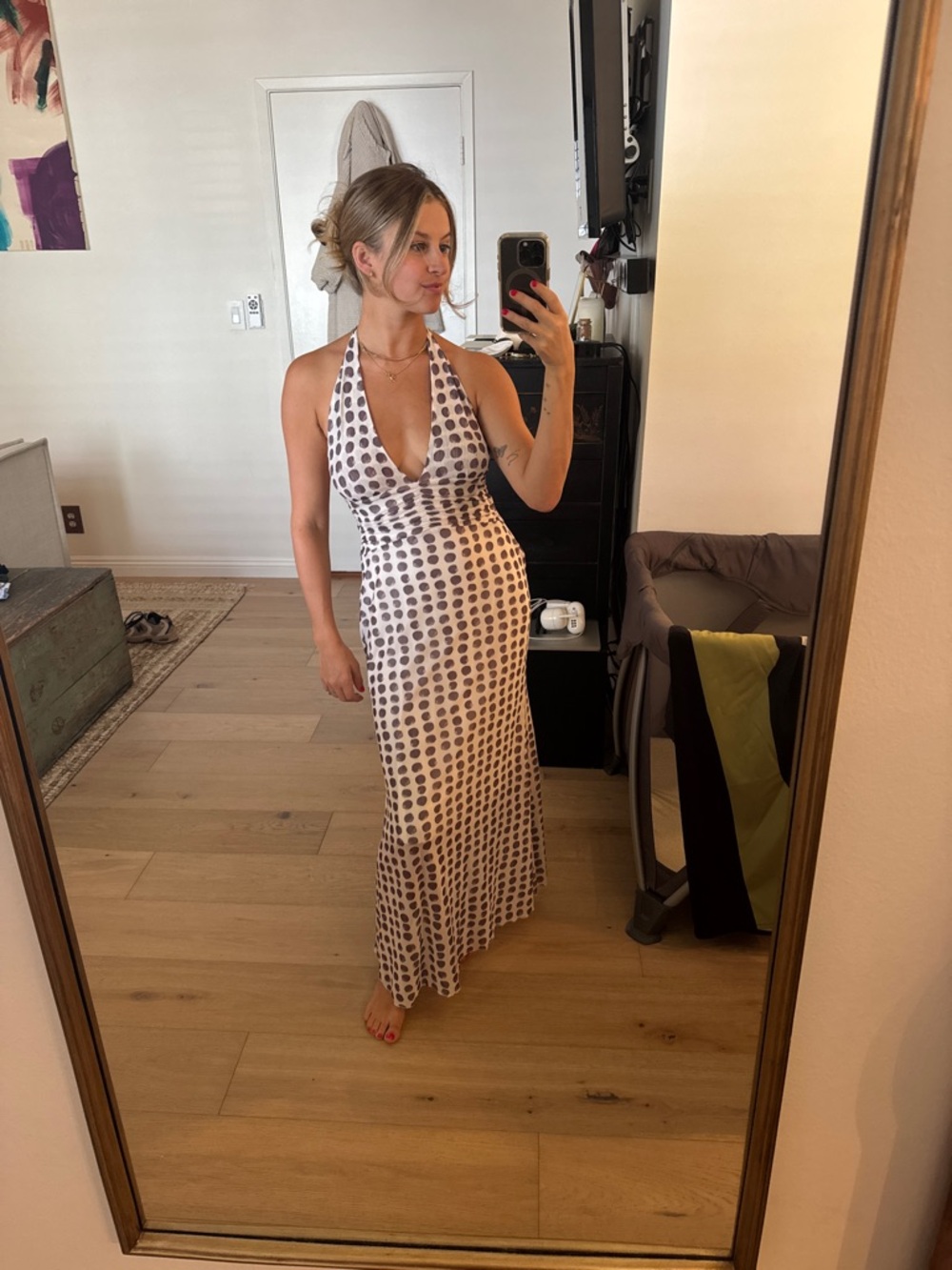 Resa *Knock Off* Polka Dot Halter Maxi Dress in White and Gray - worn once